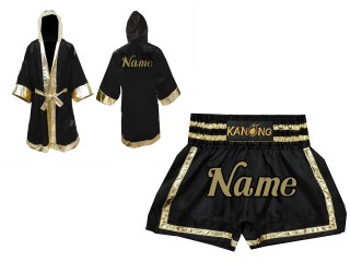 Custom Muay Thai Robe with hood and Kickboxing Shorts : Black and Gold