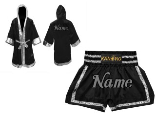 Custom Muay Thai Robe with hood and Kickboxing Shorts : Black and Silver
