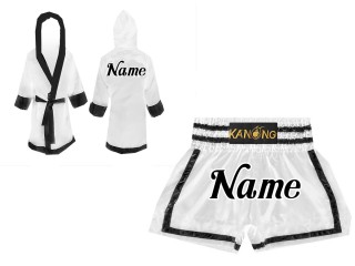 Custom Muay Thai Robe with hood and Kickboxing Shorts : White and Black