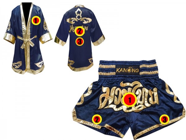 Custom Muay Thai Fight Robe + Muay Thai Shorts : Navy Lai Thai
