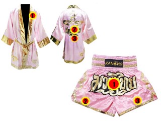 Custom Muay Thai Fight Robe + Muay Thai Shorts : Pink Lai Thai