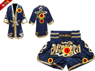Custom Muay Thai Fight Robe + Muay Thai Shorts for Kids : Navy Lai Thai
