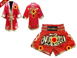 Custom Muay Thai Fight Robe + Muay Thai Shorts for Kids : Red Lai Thai