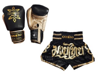 Kanong Muay Thai gloves and Custom Muay Thai shorts: Set-121-Black