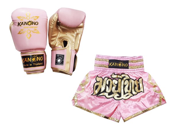 Kanong Muay Thai gloves and Custom Muay Thai shorts: Set-121-Pink