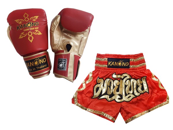 Kanong Muay Thai gloves and Custom Muay Thai shorts: Set-121-Red