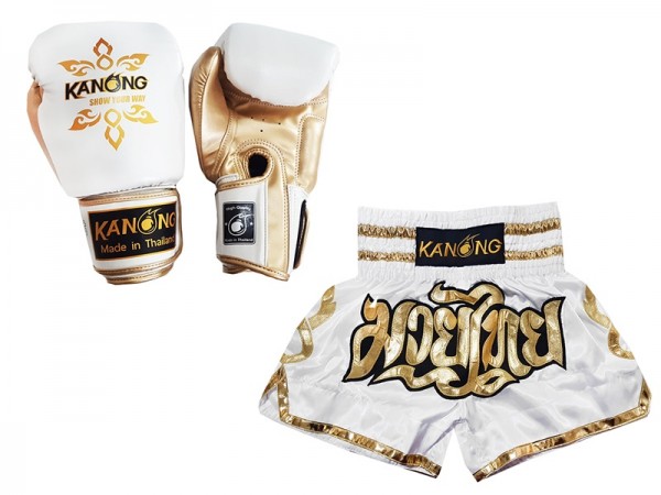 Kanong Muay Thai gloves and Custom Muay Thai shorts: Set-121-White