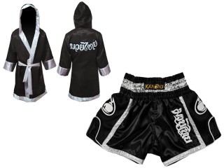 Custom Muay Thai Boxing Robe with hood and Shorts bundle : Black