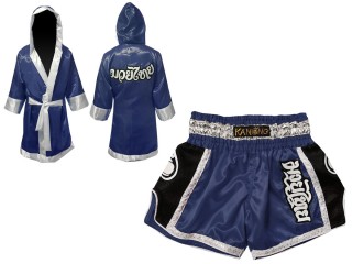 Custom Muay Thai Boxing Robe with hood and Shorts bundle : Navy