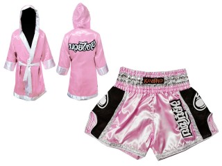 Custom Muay Thai Boxing Robe with hood and Shorts bundle : Pink