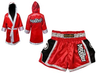 Custom Muay Thai Boxing Robe with hood and Shorts bundle : Red