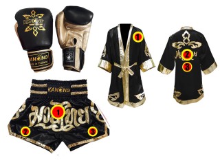 Custom Muay Thai Fight Robe + Muay Thai Shorts + Matching Muay Thai Gloves : Black Lai Thai