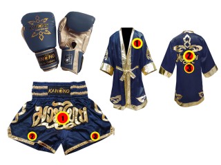 Custom Muay Thai Fight Robe + Muay Thai Shorts + Matching Muay Thai Gloves : Navy Lai Thai