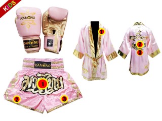 Custom Muay Thai Fight Robe + Muay Thai Shorts + Matching Muay Thai Gloves for (7-13 yd) Kids : Pink Lai Thai