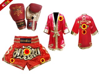 Custom Muay Thai Fight Robe + Muay Thai Shorts + Matching Muay Thai Gloves for (7-13 yd) Kids : Red Lai Thai
