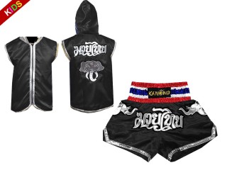 Custom Muay Thai Boxing Hoodie and Shorts for Kids : Black Elephant