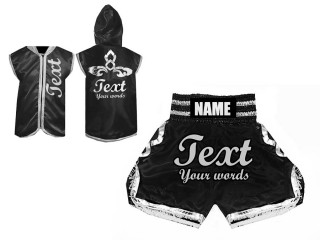 Custom Boxing Hoodies + Boxing Shorts : Black - Silver