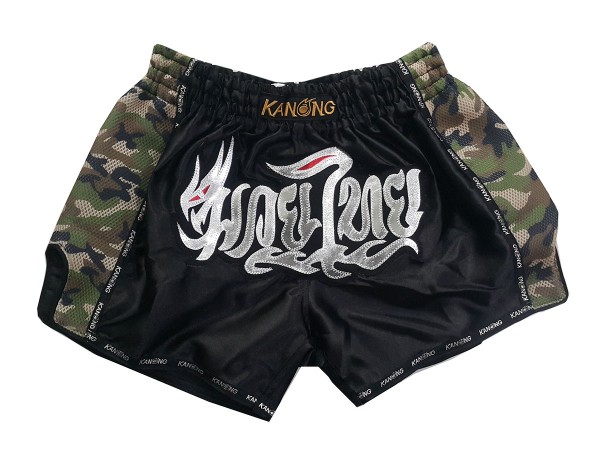 Kanong Retro Thai Boxing Shorts : KNSRTO-231-Black | MuayThaiChoice.com