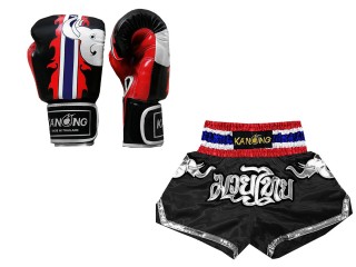 Kanong Muay Thai gloves and Custom Muay Thai shorts: Set-125-Black