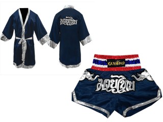 Custom  Muay Thai Boxing Robe and Shorts bundle : Set-125-Robe-Navy