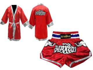 Custom Muay Thai Boxing Robe and Shorts bundle : Set-125-Robe-Red