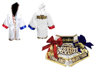 Custom Muay Thai Boxing Robe and Shorts bundle : Set-128-Robe-White